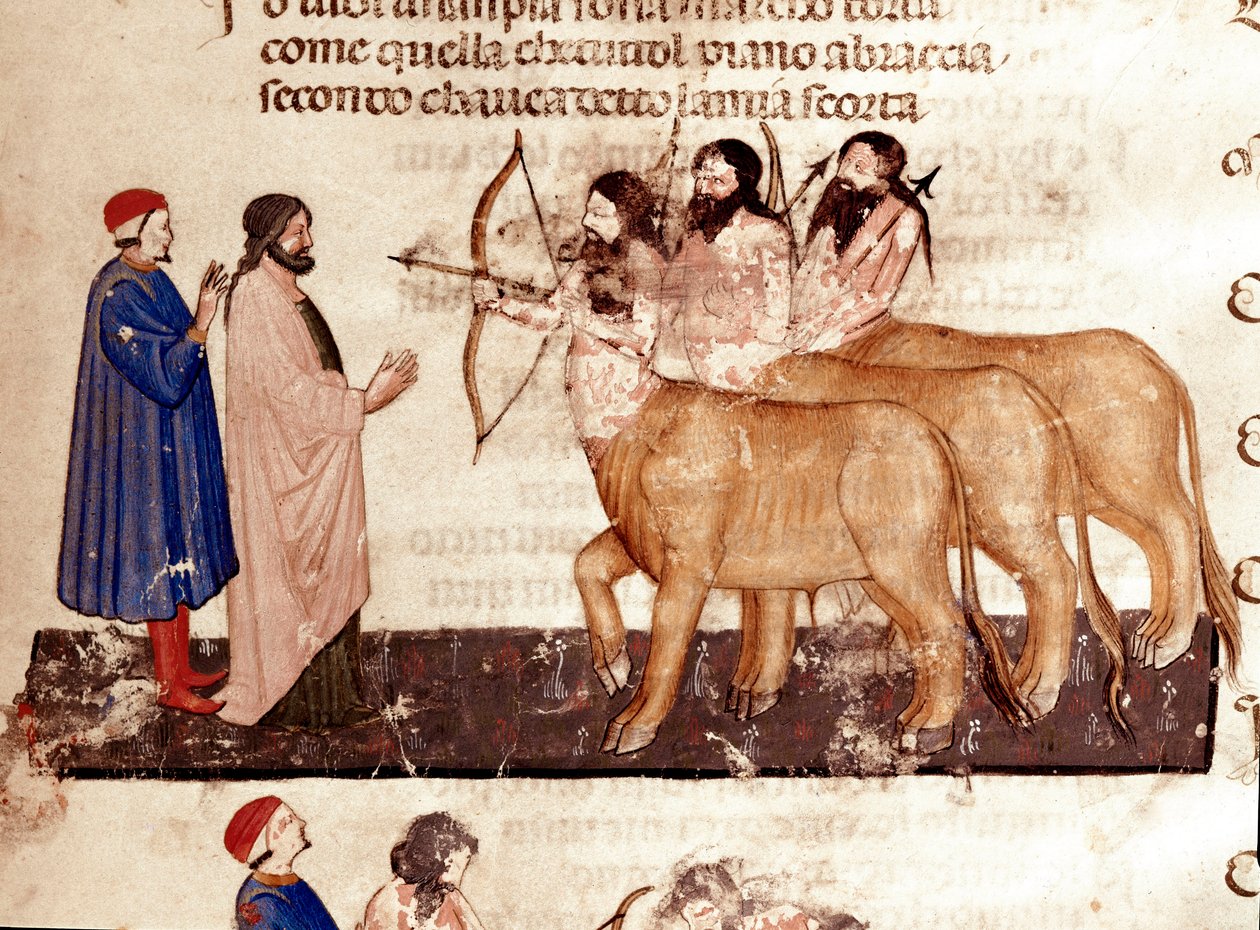 Círculo de Violentos: Dante e Virgil encontram armas de arcos e flechas Centauros. Página iluminada ilustrando a 7ª canção do Inferno da "Divina Commedia" de Dante Alighieri (1265-1321). Século XIV, Veneza, Biblioteca Marciana de Unknown artist