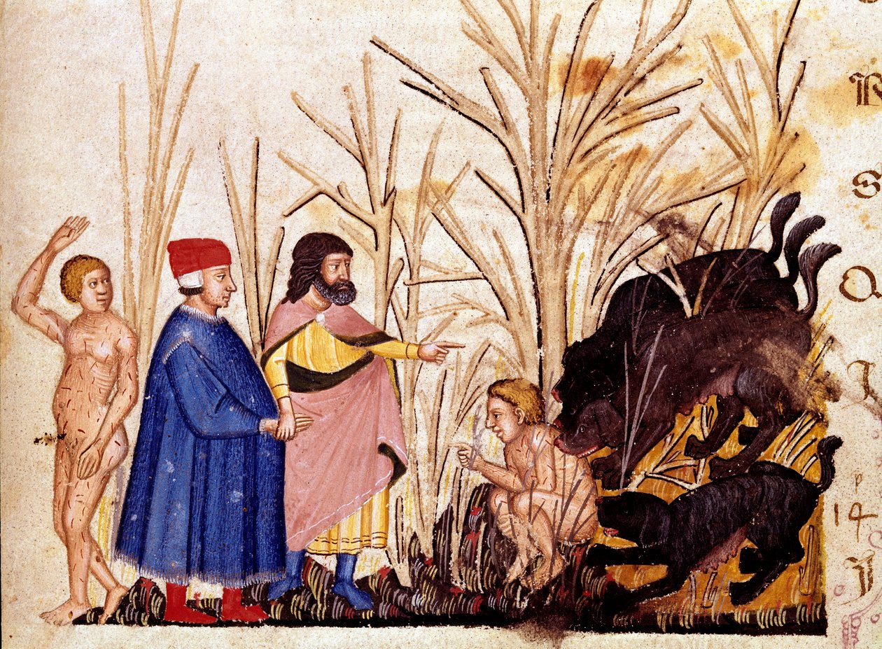 Círculo de Violentos: Dante e Virgil encontram os violentos com os outros. Página iluminada ilustrando uma canção do Inferno desenha da "Divina Commedia" de Dante Alighieri (1265-1321). Século XIV, Veneza, Biblioteca Marciana de Unknown artist