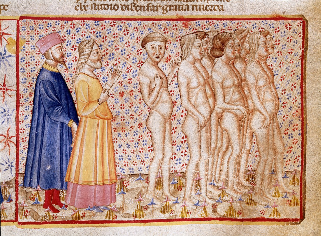 Círculo de violência para com Deus, natureza e arte: Dante e Virgil conhecem os blasfemos. Página iluminada ilustrando uma canção do Inferno desenha da "Divina Commedia" de Dante Alighieri (1265-1321). Século XIV, Veneza, Biblioteca Marciana de Unknown artist