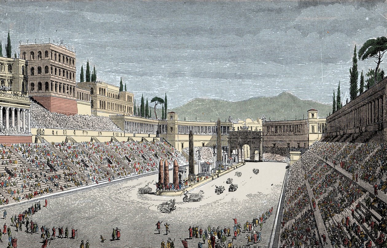 Circus Maximus - O grande circo ou Circo Maxime, em Roma, com uma carruagem - Gravura a cores de Unknown artist