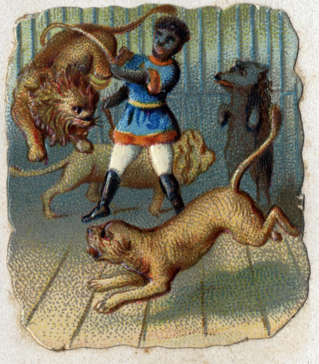 Circo: um domador em uma gaiola com animais selvagens. de Unknown artist