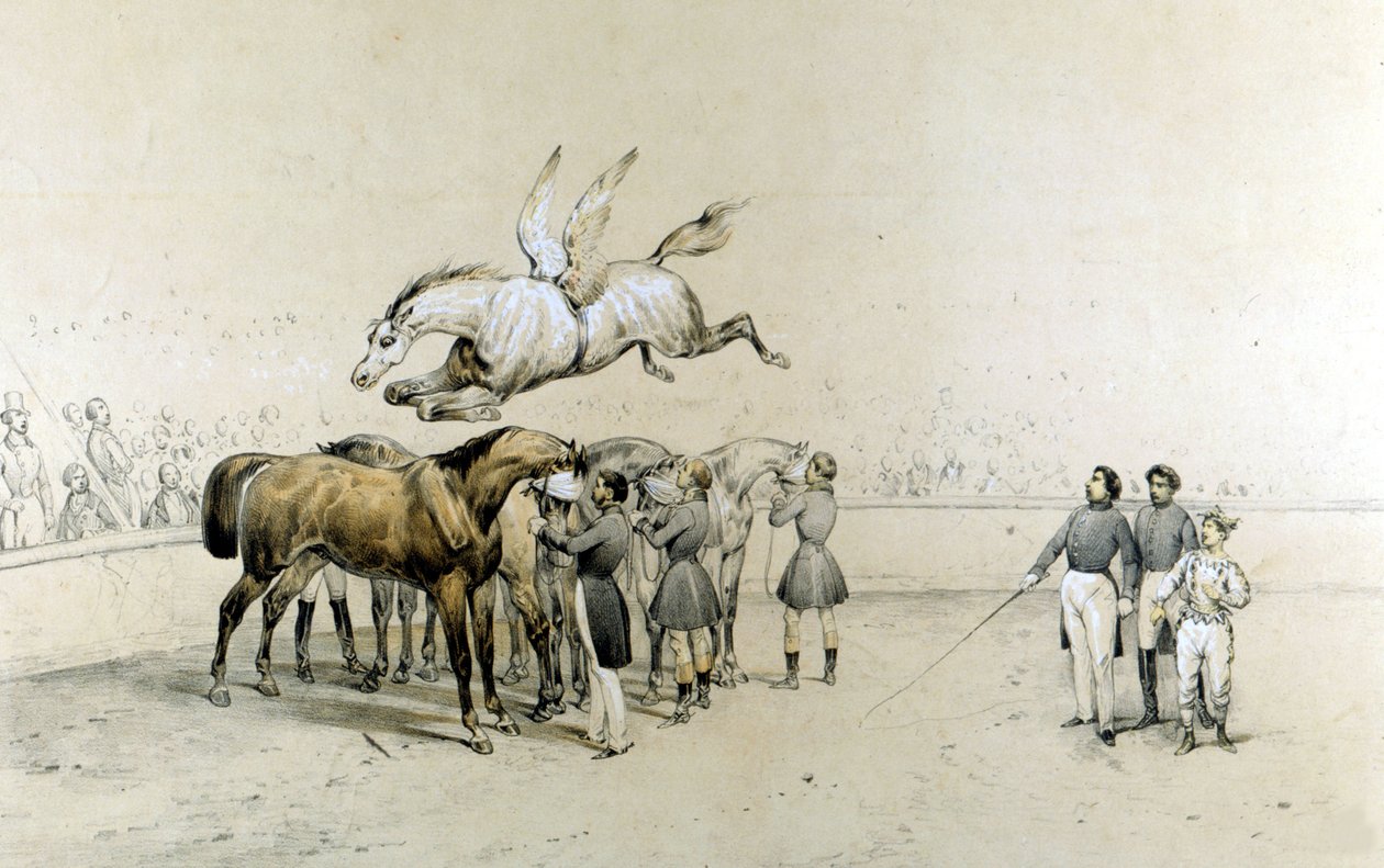O circo mostra um cavalo alado a saltar sobre três cavalos vendados. de Unknown artist