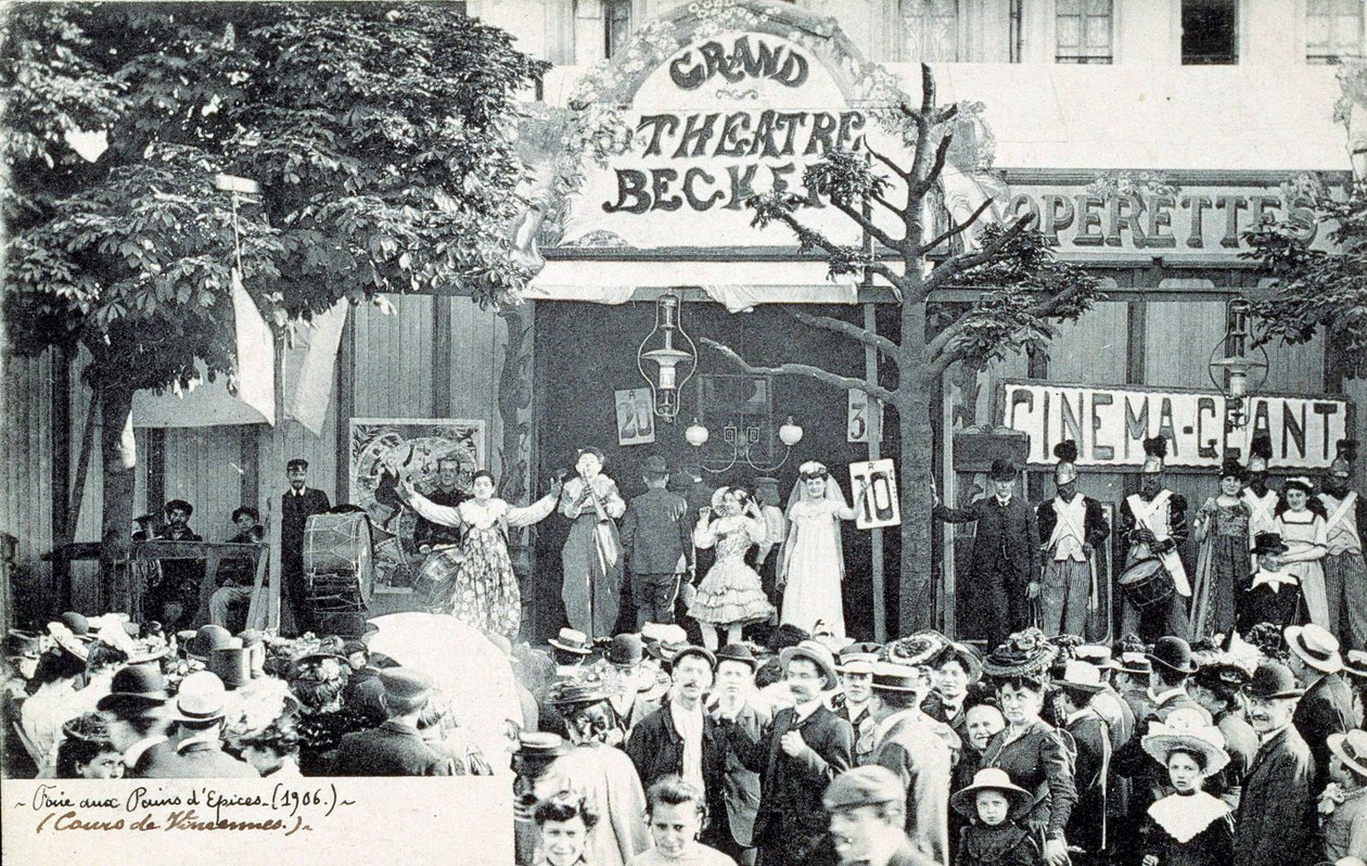 Espetáculo de circo em frente ao Grande Teatro Becker, em Paris, em 1906 (foto) de Unknown Artist