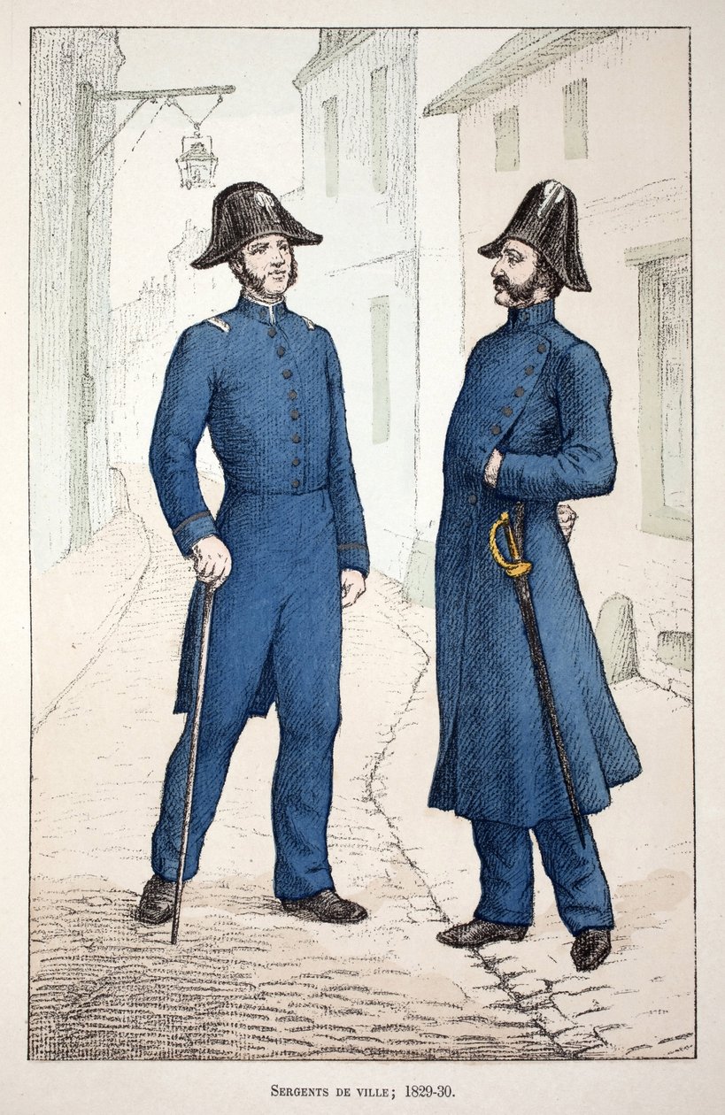 Sargentos da cidade (1829-1830). Gravura colorida, para ilustração do livro "Histoire du corps des gardiens de la paix" publicado sob os auspícios de Louis Lepine (1846-1933) prefet de police de la Seine, de Alfred Rey (1864-?) e Louis Feron (1862-?) de Unknown artist