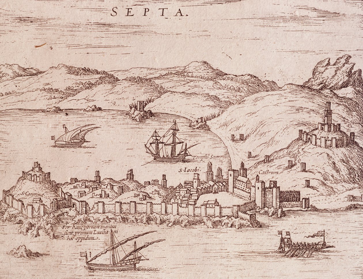 Cidade de Septa (Ceuta) durante o início dos anos 1600, gravura, Marrocos de Unknown artist