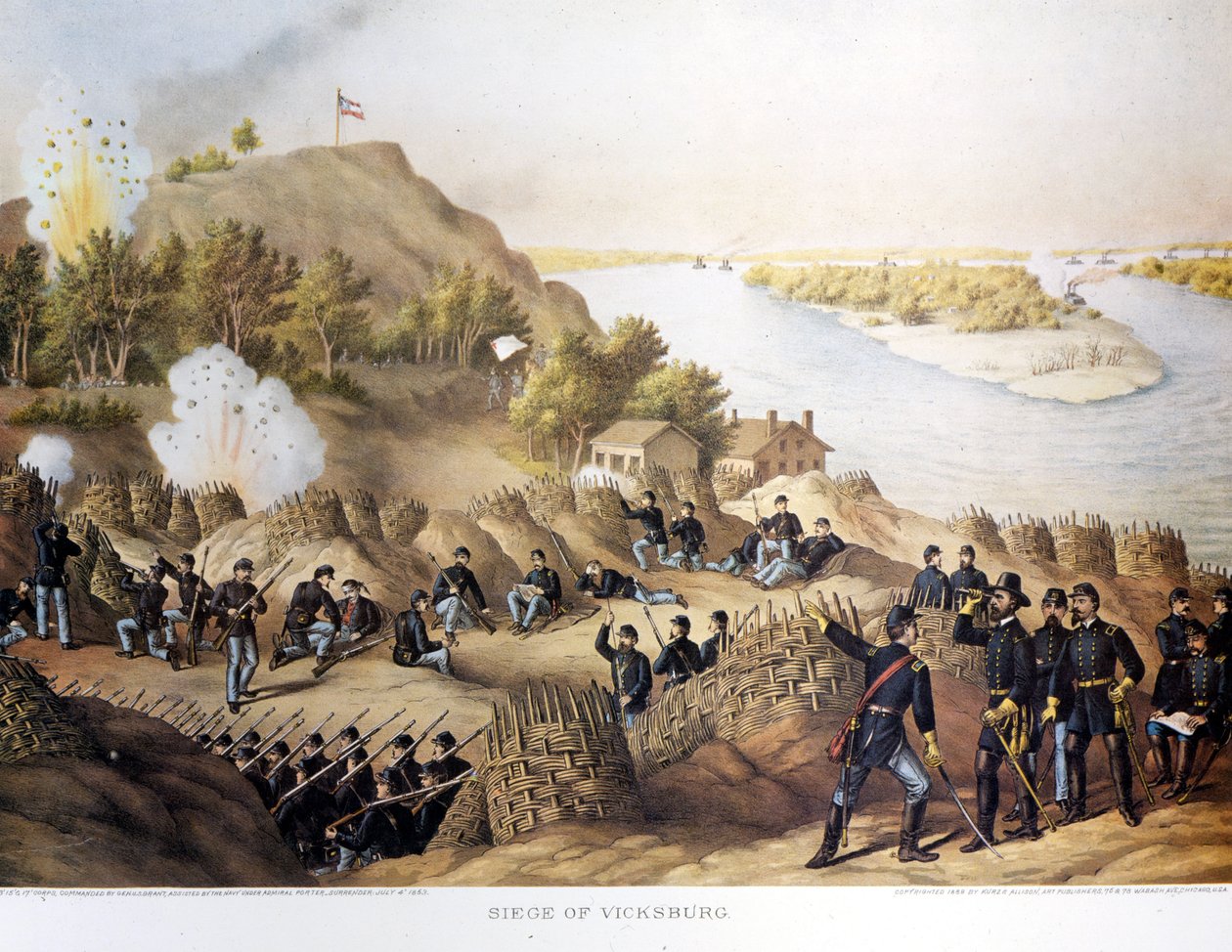 Guerra Civil (1861 - 1865), Guerra Civil Americana. Cerco de Vicksburg (na fronteira de Arkansas e Mississippi), a cidade foi tomada pelo General Grant (e pelos nortenhos), a cidade caiu após quarenta dias de cerco (19 de maio a 4 de julho de 1865). de Unknown artist