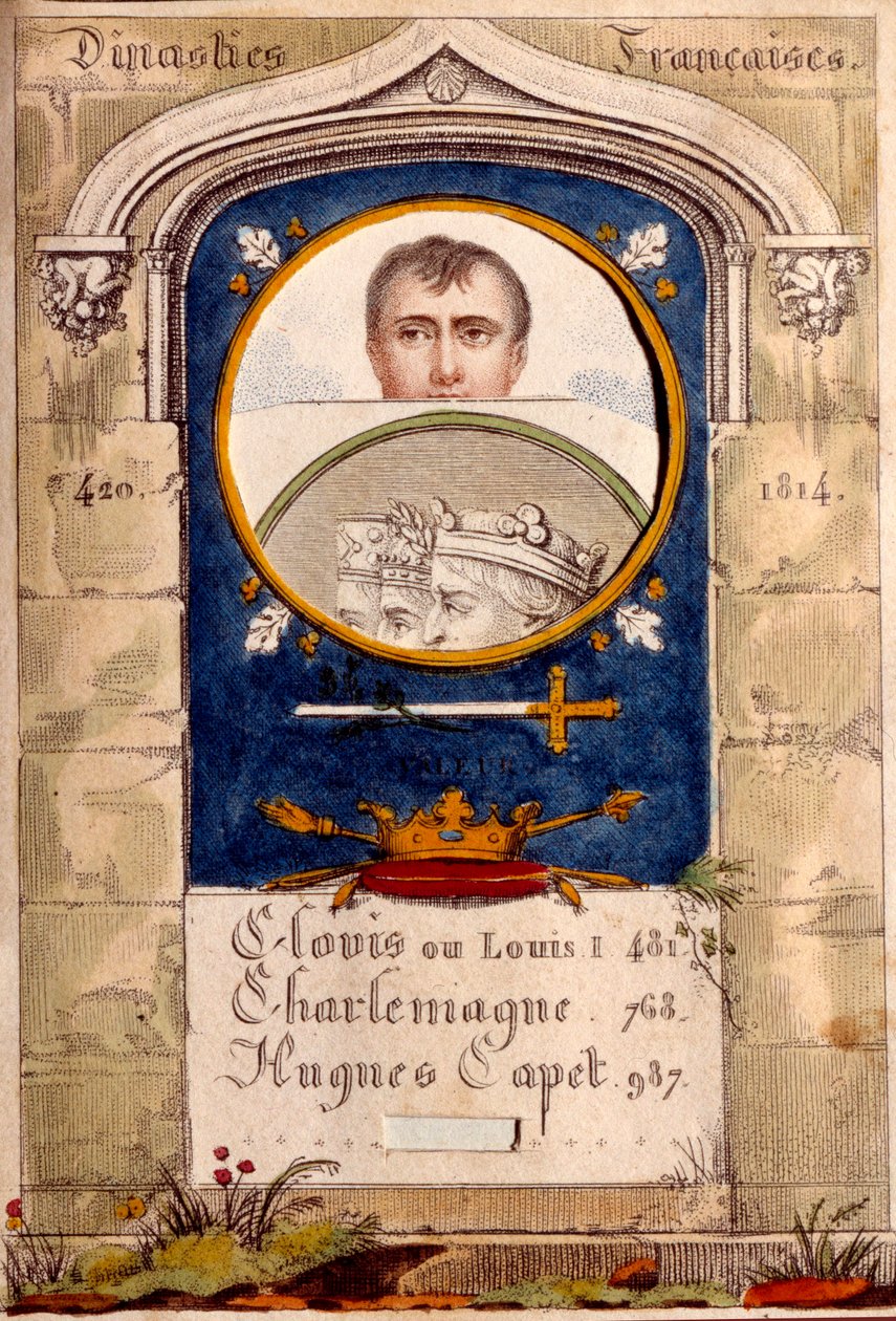 Propaganda clandestina contra o Imperador Napoleão I (1769-1821), seu retrato é retratado acima do de Clóvis, Carlos Magno e Hugues Capet. de Unknown artist
