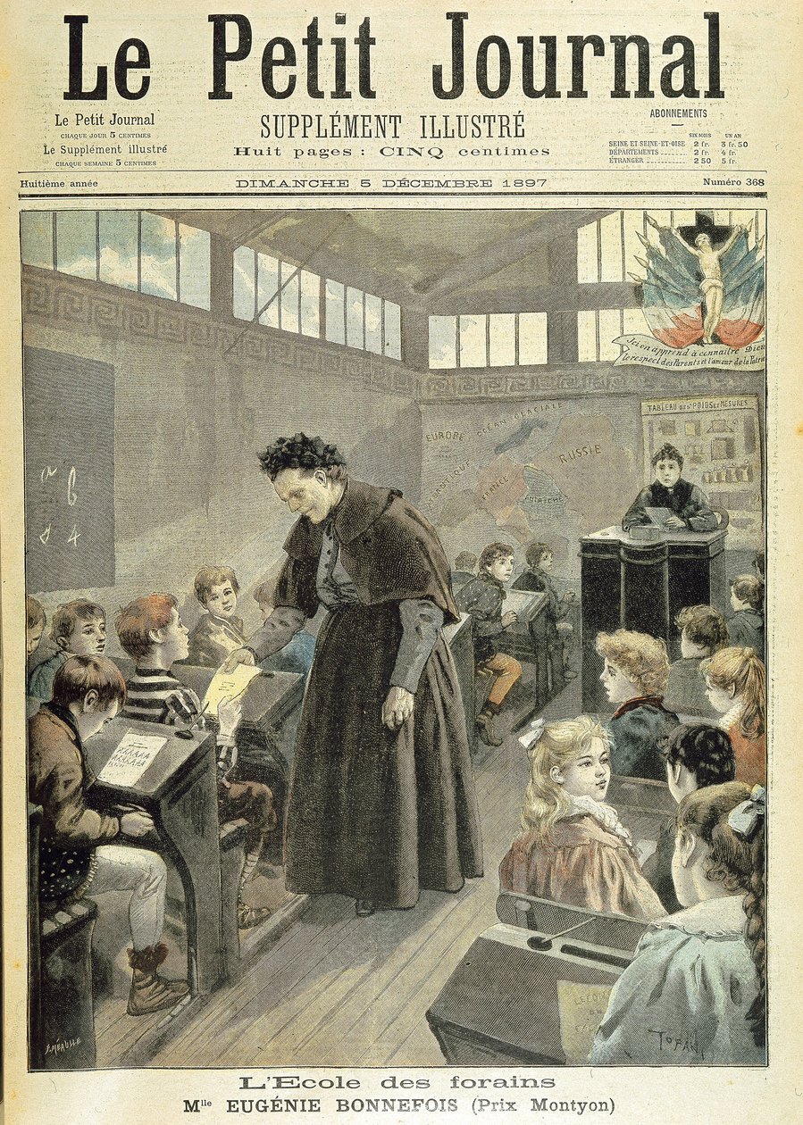 Sala de aula da escola do recinto da feira: Prémio Montyon a Eugénie Bonnefois - no "Le petit journal" de 5 de Dezembro de Unknown artist