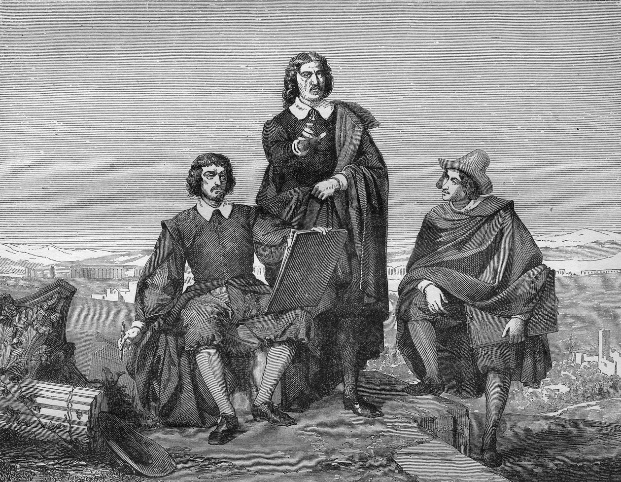 Claude Lorrain, Nicolas Poussin e Gaspard Dughet (o Guaspre Poussin) na região romana. Gravura do século XIX. de Unknown artist
