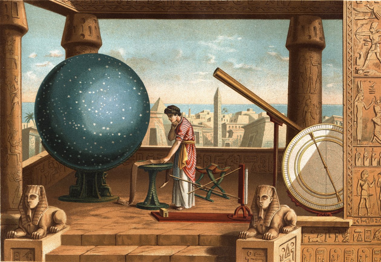 Claude Ptolomeu (ca. 100 - ca. 170), estudioso grego e astrónomo, no Observatório de Alexandria (Egipto). Barcelona 1877. de Unknown artist