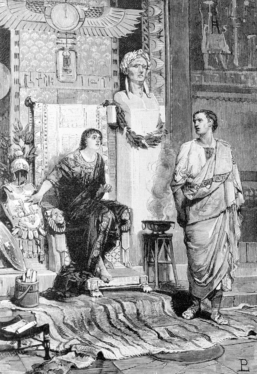 Cleópatra (69 AC - 30 AC), Rainha do Egito e Oitava, veio conversar com ela após a derrota de Áctium e a morte de Marco Antônio. Gravura do século XIX. Storia d