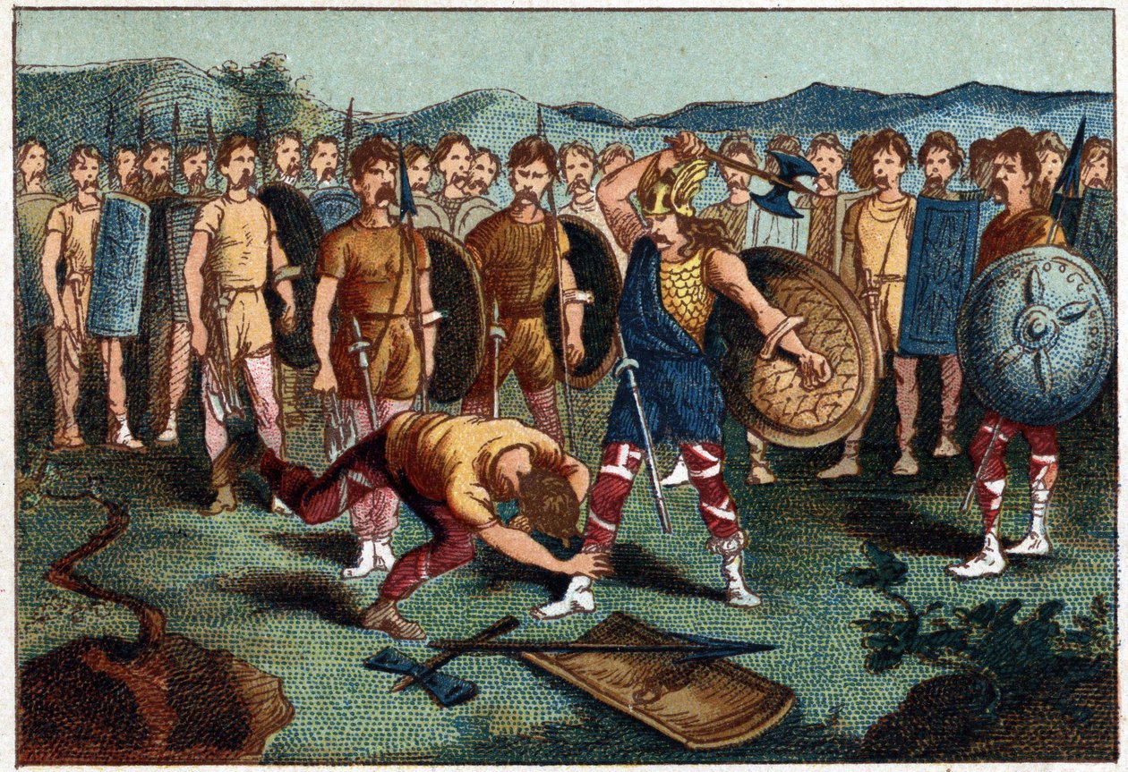 Clovis (465-511) e o guerreiro franco que quebrou o vaso de Soissons, em 486 - Clovis 1º a abater o soldado que tinha quebrado o vaso de Soissons, em 486. Cromolitografia do século XIX. de Unknown artist