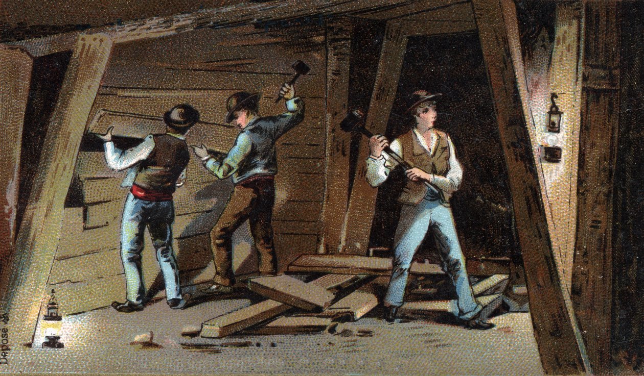 Mina de carvão em França, no final do século XIX: Galeria de madeira. Cromolitografia do final do século XIX de Unknown artist