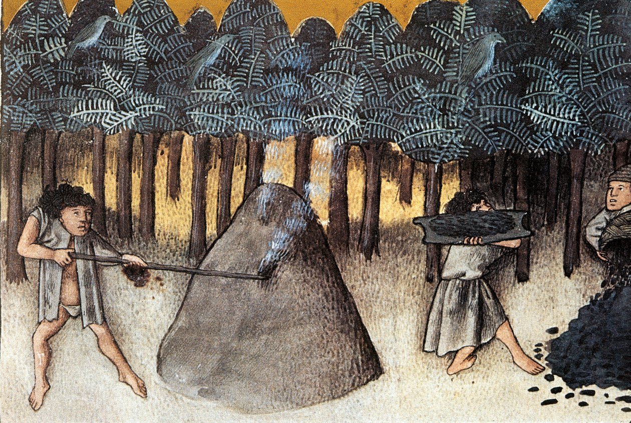 Mineração de carvão, Miniatura retirada do rerum De natura, de Thomas de Cantimpre (1201-1272) Granada do século XIII. Biblioteca da Universidade de Unknown artist