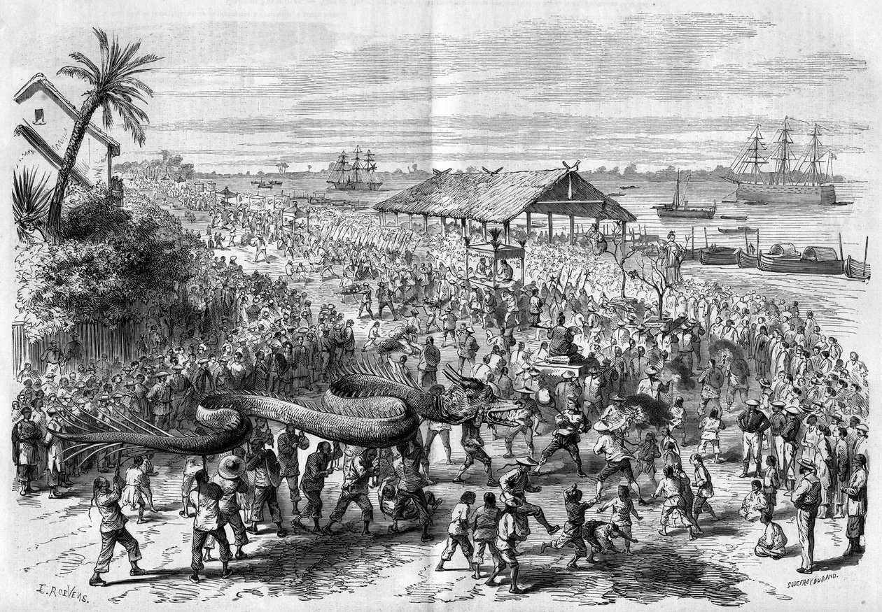 Cochinchine: procissão anual de dragões organizada pela congregação de Saigão em 1865. de Unknown artist