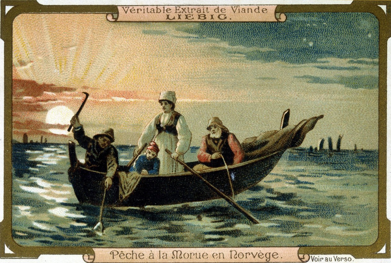 A pesca do bacalhau na Noruega. Embalagem de produtos Liebig. de Unknown artist