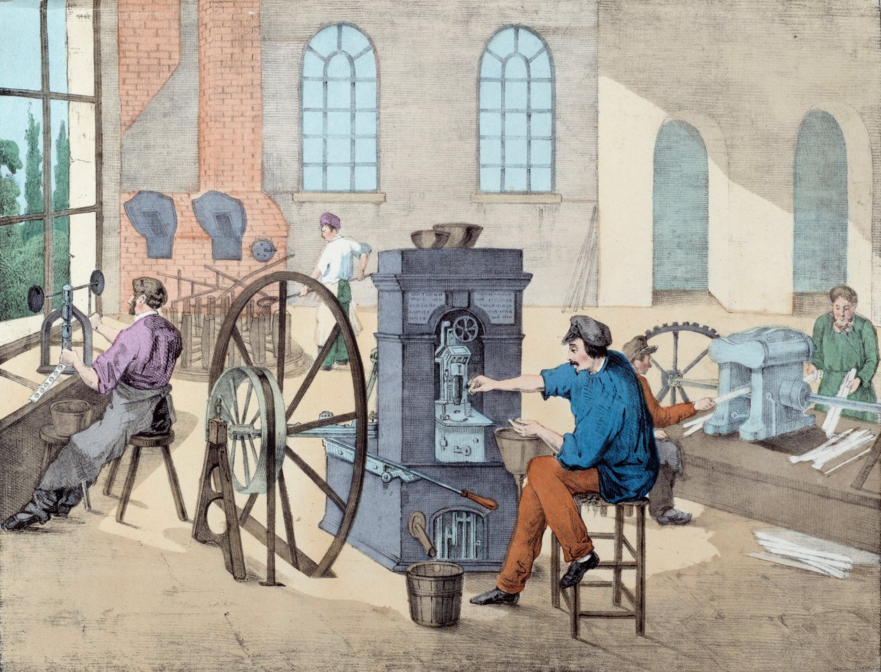 Fabricação de moedas: trabalhadores que trabalham em uma fábrica em várias etapas, fundindo e fundindo moedas. Gravura de Paris do século XIX, artes decorativas de Unknown artist