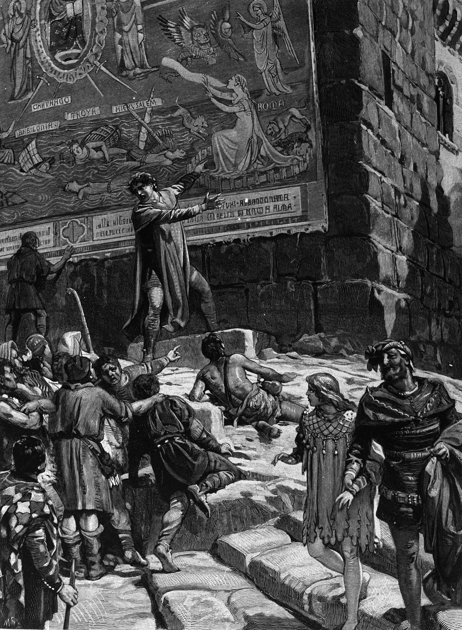 Cola di Rienzo (1314-1354), na campanha para se tornar uma tribuna do povo romano, explica ao povo de Roma os afrescos que tinha instalado no Capitólio simbolizando a agonia de Roma num mar decadente rodeado por Tróia, Jerusalém, Cartago e Ba de Unknown artist