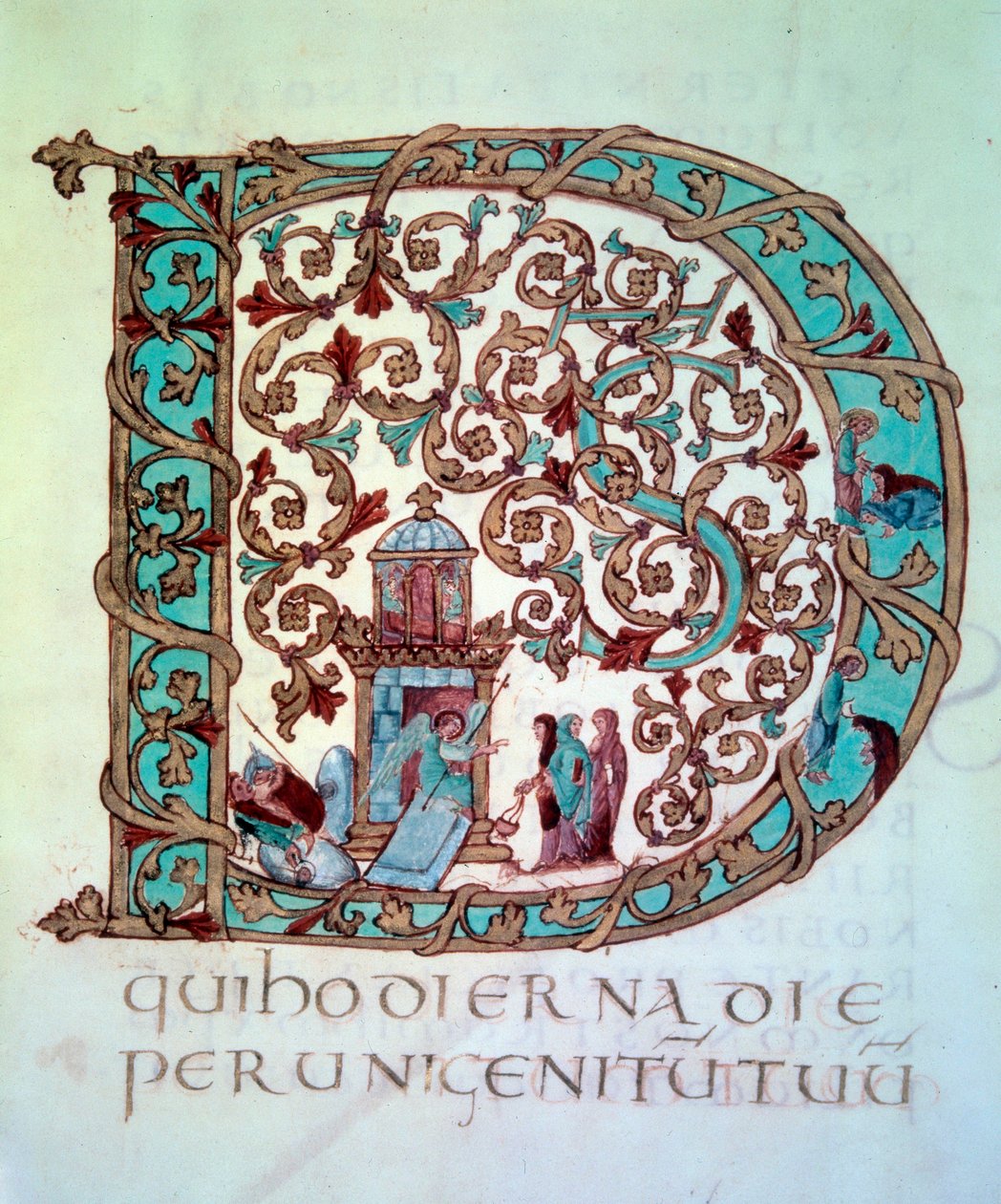Coleção da Páscoa: grande inicial (lettrina) D ornate e historiada (as santas mulheres no túmulo). Miniatura (Folio 58) do Manuscrito "Sacramental de Drogon" do Tresor da Catedral de Metz, 845-855. BN, Paris. de Unknown artist