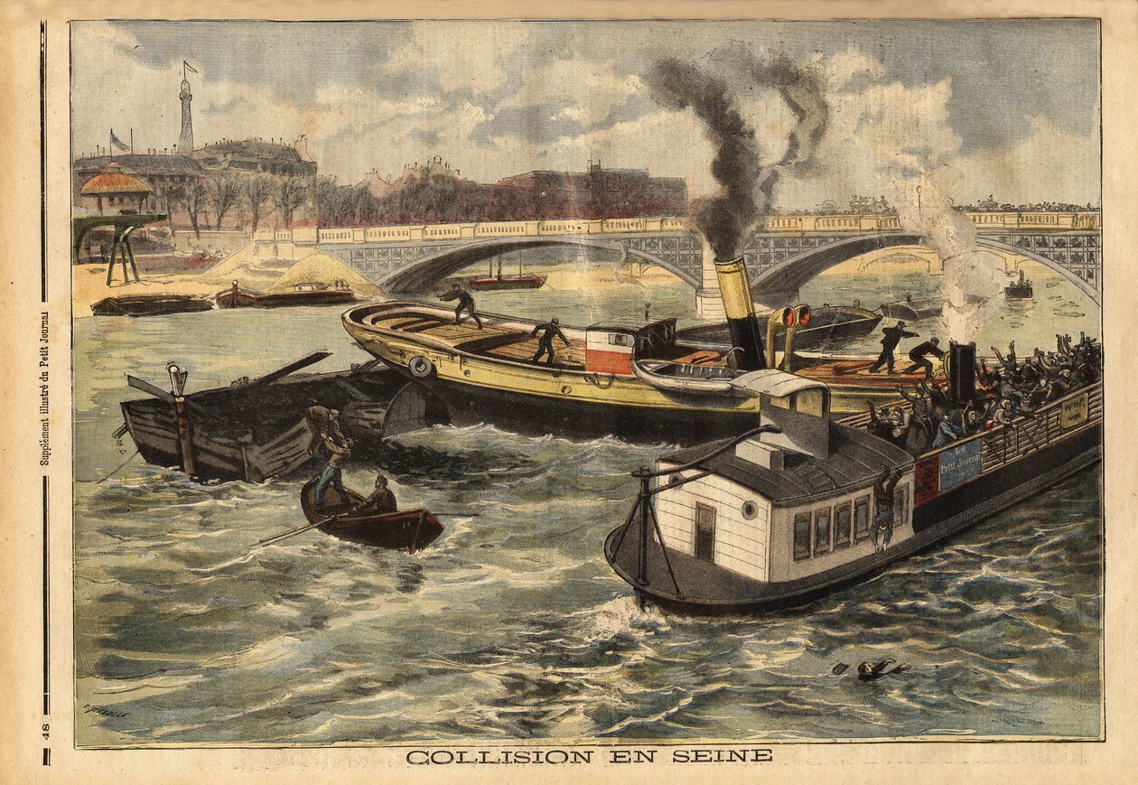 Colisão no Sena entre um barco a vapor inglês e um omnibus peniche de Paris, no auge da ponte real. Gravura em "Le petit journal" 7/02/1897. Coleção Selva. de Unknown artist