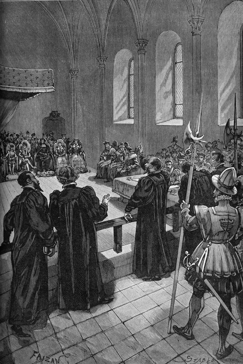 Colloquium of Poissy (1561). Discurso do calvinista suíço Theodore de Beze (1519-1605) (centro, costas), chefe da delegação protestante. de Unknown artist