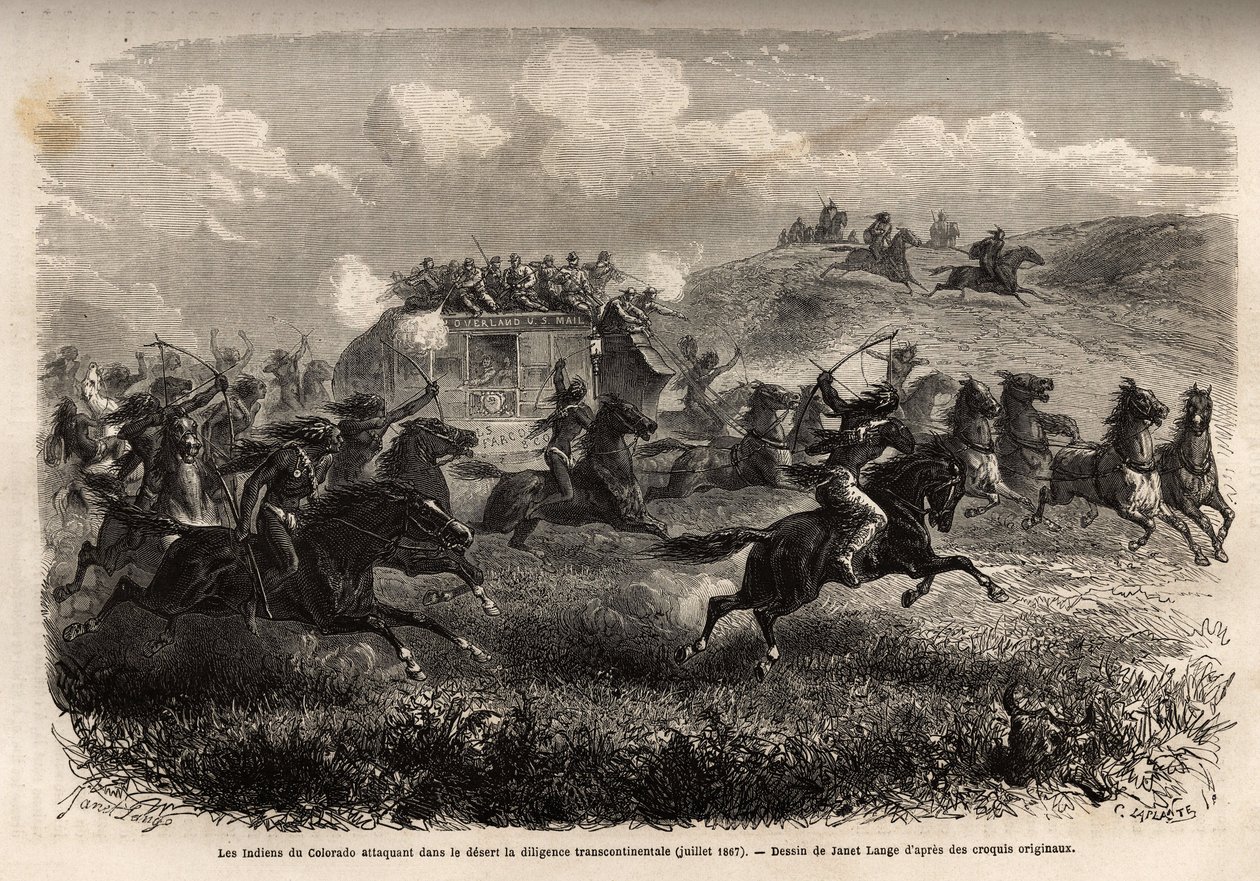 Índios do Colorado atacando a diligência transcontinental no deserto em julho de 1867. Engravure pour illustration le voyage au far west americain, de M. L. Simonin, em 1867, publicado em "Le tour du monde, nouveau journal des voyages", editado por Edouard de Unknown artist