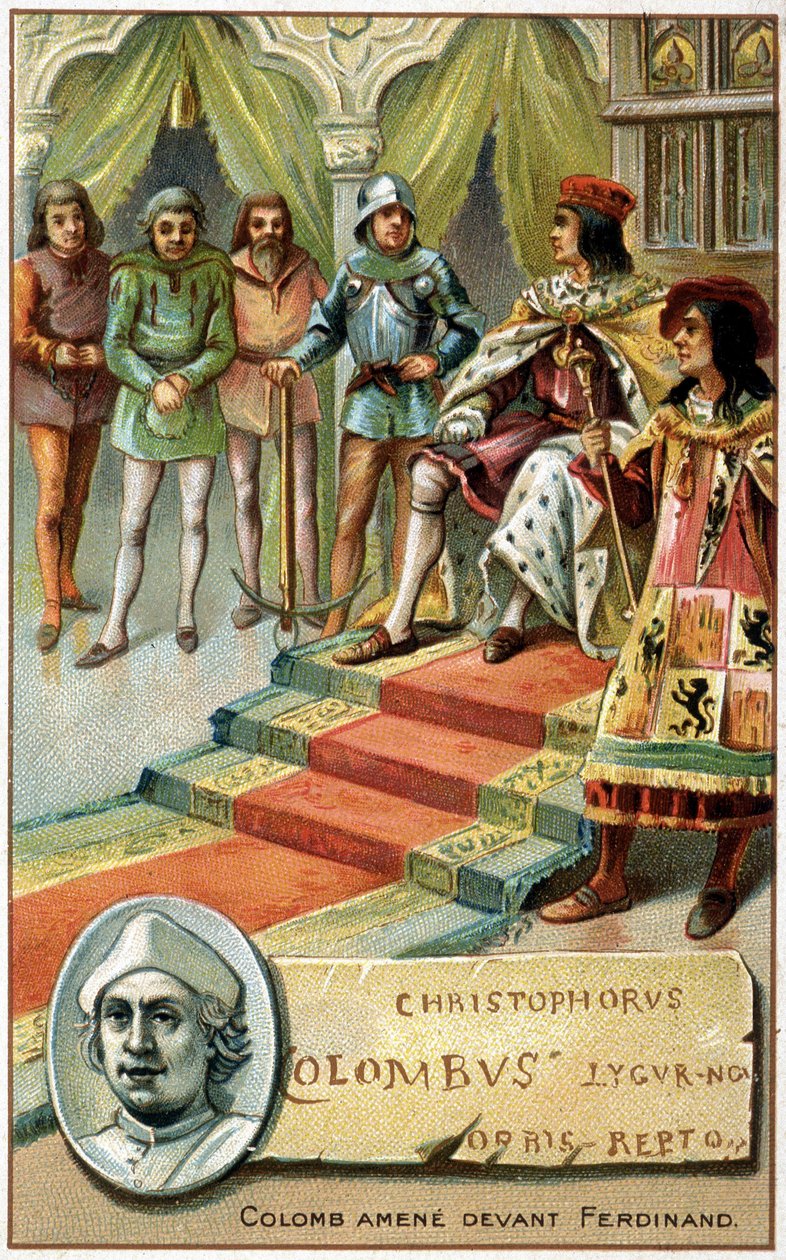 Colombo (de mãos atadas) trazido perante Fernando - Cromolitografia do século XIX de Unknown artist