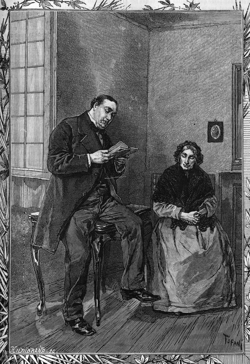 O Comediante Moessard está a ler a sua mulher. Gravura na ilustre revista "La jeunesse". de Unknown artist