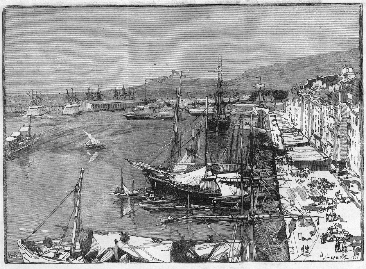 Navio comercial e arsenal no porto de Toulon (Var), França. Gravura no "Le Monde Illustré". de Unknown artist