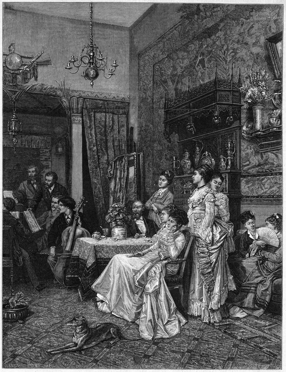 Concerto de amadores no estúdio de um artista. Reprodução de uma pintura de Adrien Moreau (1843-1906) apresentada no Salon de 1873. de Unknown artist