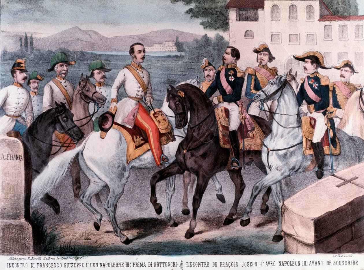 Conferência de Villafranca, encontro entre o imperador francês Napoleão III e o imperador Francisco José I, sobre a paz preliminar da Áustria (1859) (gravura) de Unknown artist