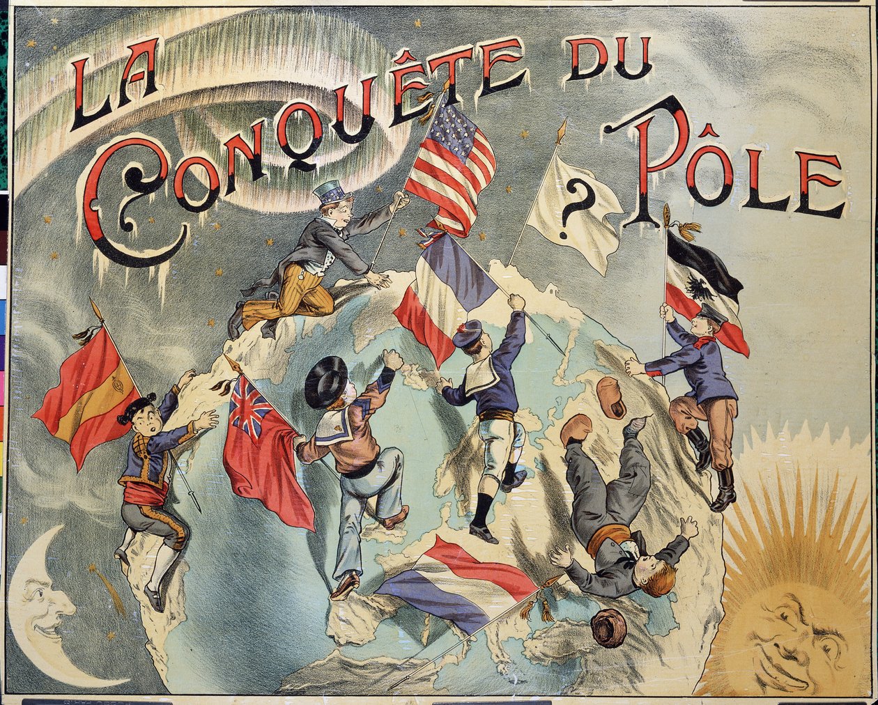 Conquista do Pólo: representação da rivalidade entre diferentes países para a conquista do Pólo Norte. Os representantes incluem a Espanha, os Estados Unidos, a Inglaterra, a Holanda, a França e a Alemanha. Final do século XIX de Unknown artist