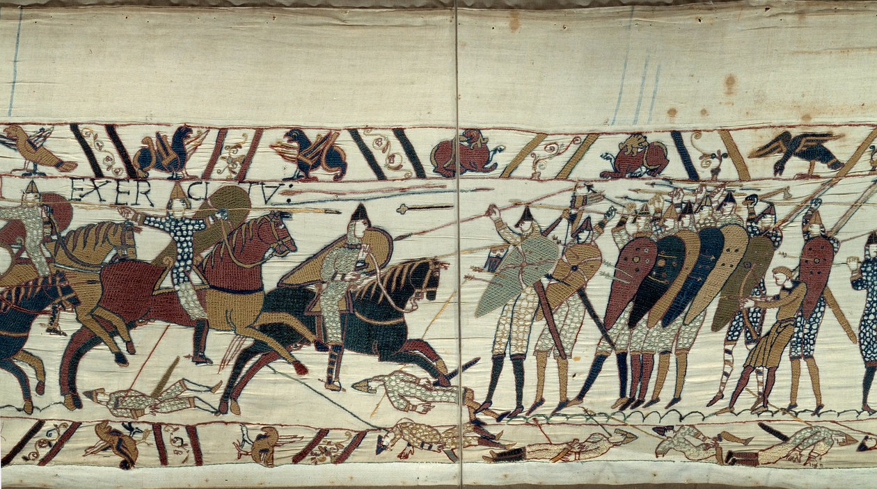 Conquete England por William the Conquerant (1027-1087) em 1066, cena de combate entre a cavalaria normanda carregando a infantaria saxã do Rei Harold II de Inglaterra Detalhe da Tapeçaria Bayeux ou Bordado da Rainha Mathilde de Unknown artist