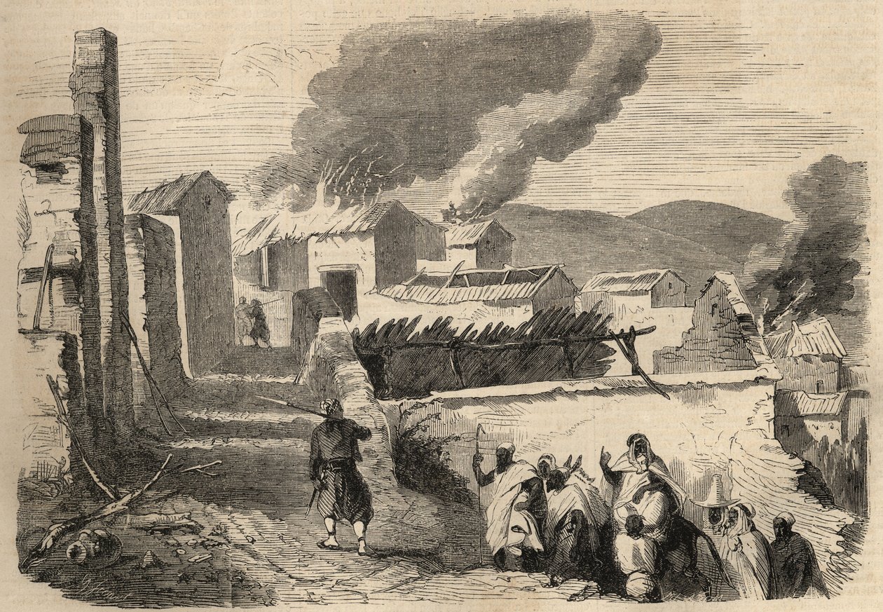 Conquete da Argélia: expedição à Grande Kabylia em 1857. Apresentação do Beni-Yenni (Beni Yenni) com base num desenho do Sr. Ameller, líder do batalhão na 1ª Zouave. Gravura em "Le Monde ilustre" de 1857. Colecção privada. de Unknown artist