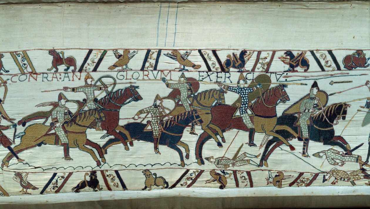 Conquete da Inglaterra pelo Duque da Normandia Guilherme o Conquistador (1027-1087) em 1066: a cavalaria normanda carregada na Batalha de Hastings Detalhe da Tapeçaria de Bayeux ou Bordado da Rainha Mathilde de Unknown artist