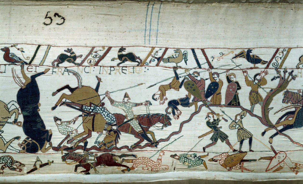 Conquete da Inglaterra pelo Duque da Normandia Guilherme o Conquistador (1027-1087) em 1066: A Batalha de Hastings Pormenor da Tapeçaria Bayeux ou Bordado da Rainha Mathilde de Unknown artist