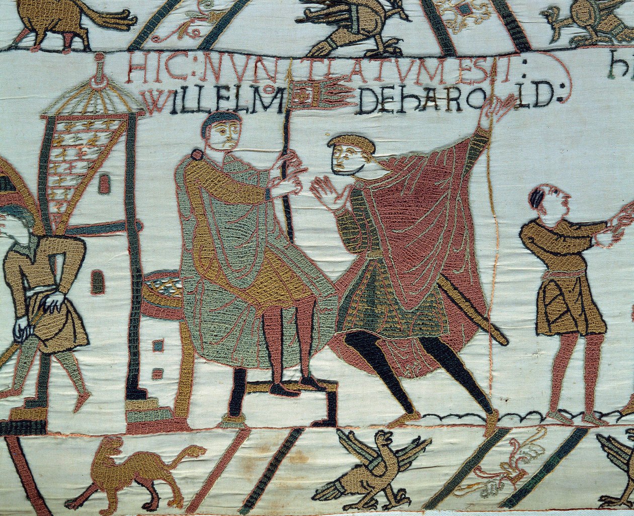 Conquete da Inglaterra pelo Duque da Normandia Guilherme o Conquistador (1027-1087) em 1066: um observador relata os fatos de Harold II a Guilherme na Batalha de Hastings Detalhe da Tapeçaria Bayeux ou Bordado da Rainha Mathilde de Unknown artist