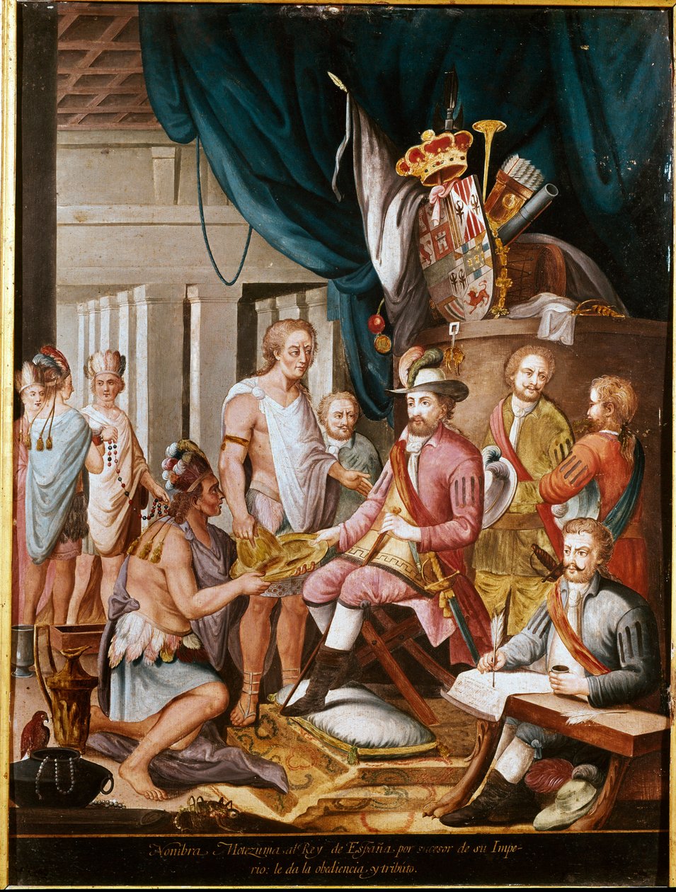 Conquete do México: Montezuma (ou Moctezuma II), imperador asteca (1466-1520) oferece presentes ao conquistador Hernan Cortez (ou Cortes) (1485-1547) e jura fidelidade ao Reino de Espanha. Pintura anónima. Madrid. Museu da América. de Unknown artist