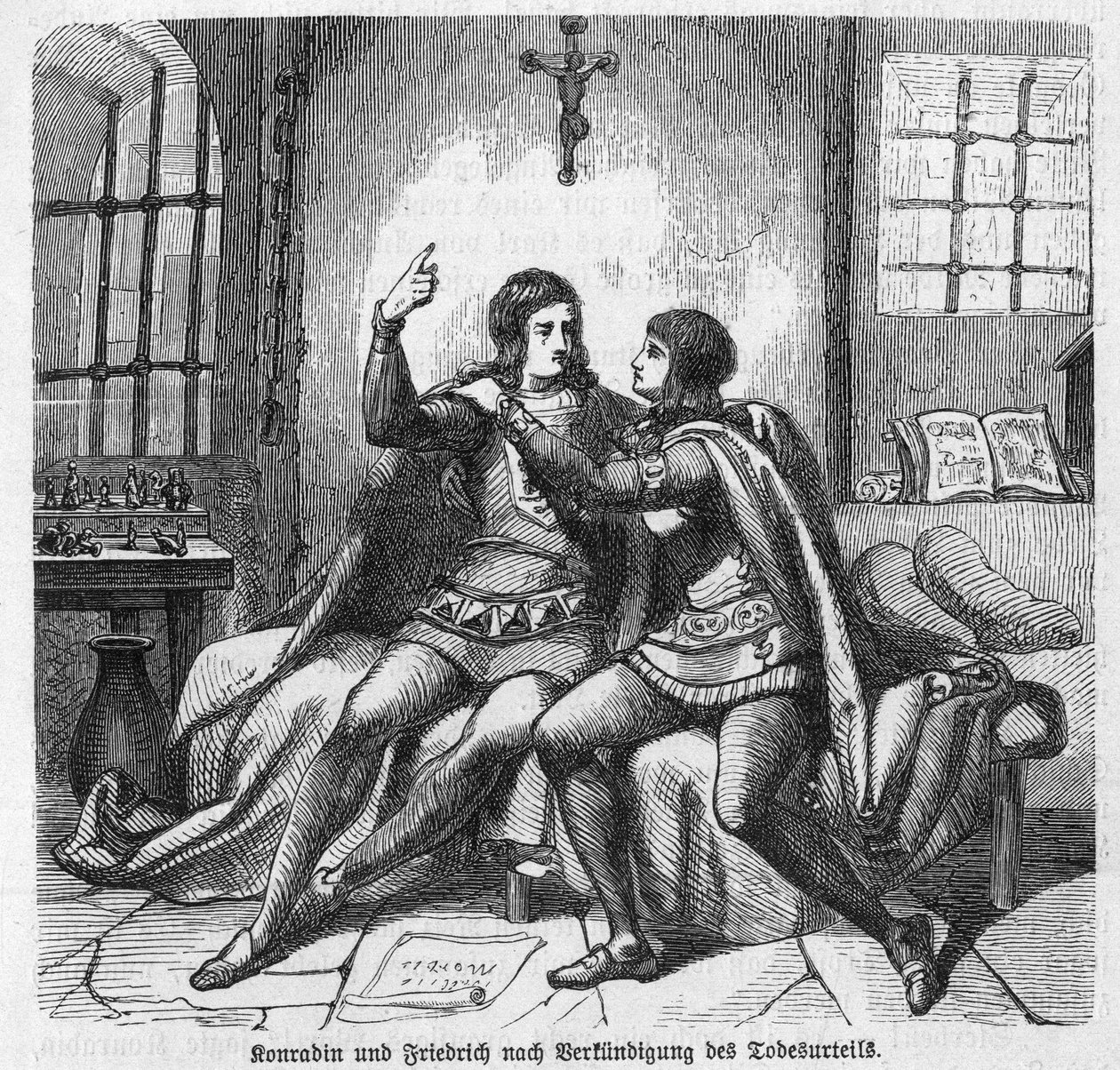 Conradin da Suábia e Frederick de Baden sendo informados da sua execução na prisão de Nápoles - Conradin da Suábia e Friedrich de Baden aguardando sentença - Conradin de Hohenstaufen, Rei da Sicília (Itália) e Jerusalém (Israel) sob o nome de Conrad de Unknown artist