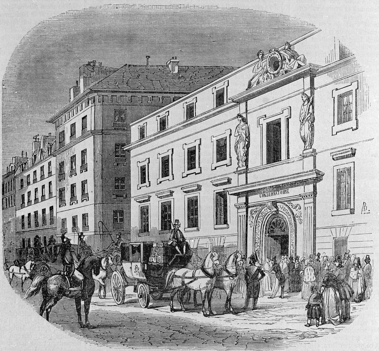 Conservatoire de musique de la rue du Faubourg Poissonniere em Paris: entrada em concerto. Gravura a partir de 1860 de Unknown artist