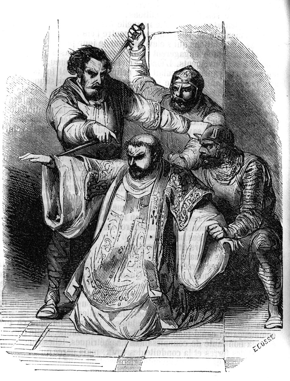 Conspiração contra Carlos Magno, 792: um lorde surpreende a conversa entre conspiradores que planejam o assassinato do Rei dos Francos. Entre eles, Pepin o Bossu (769-811), filho de Carlos Magno. Gravura do século XIX. de Unknown artist