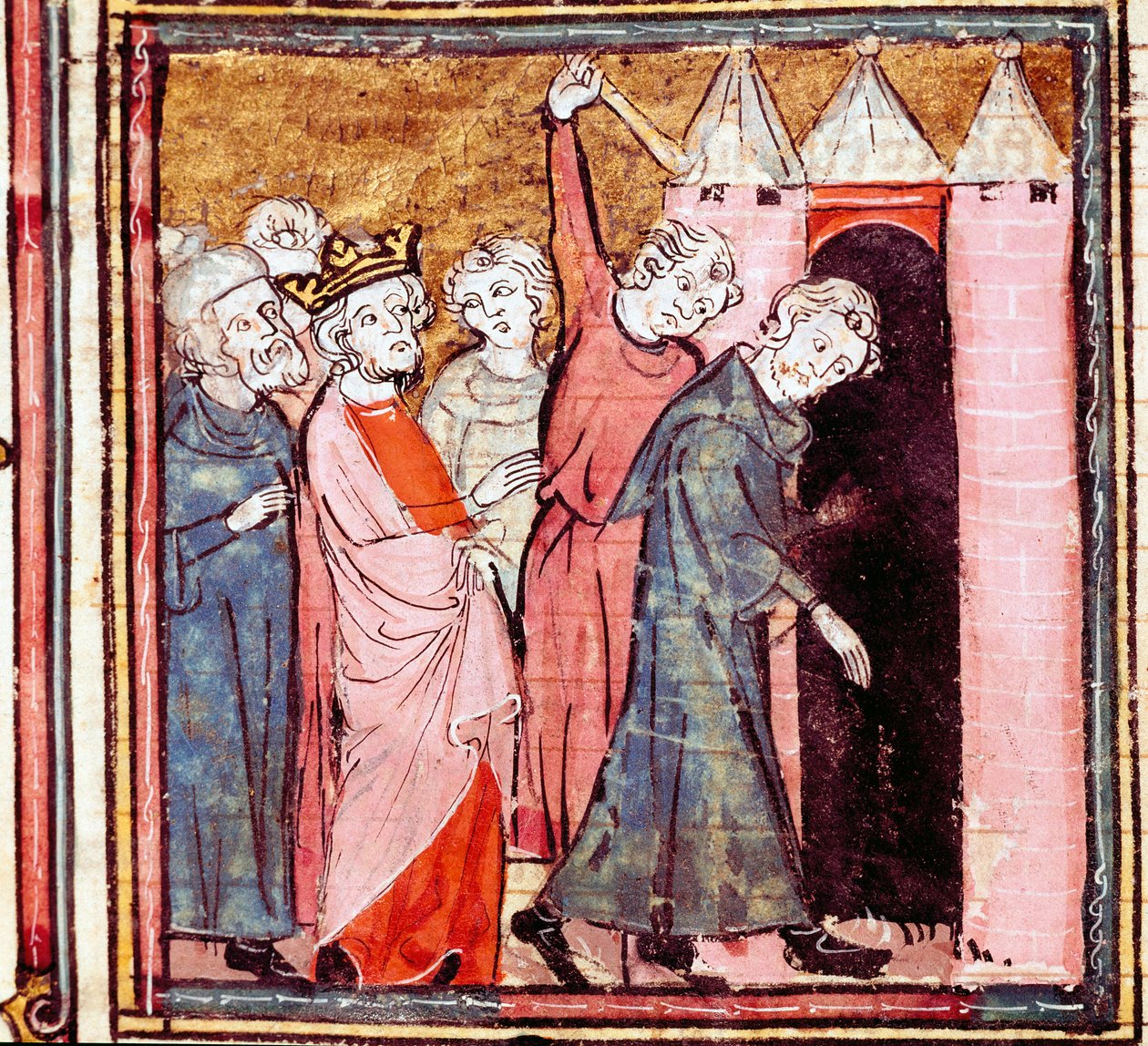 Conspiração contra Luís o Piedoso (778-840) imperador do Ocidente, seu filho Lothaire impôs-lhe uma penitência pública no mosteiro de São Medardo de Soissons em 833 Miniatura retirada de "Grandes Crônicas da França" 1375-1379 Biblioteca Municipal, Cas de Unknown artist