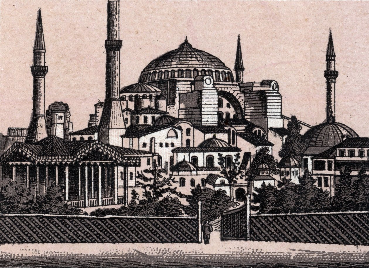 Constantinopla, Turquia: vista da mesquita de Santa Sofia (Hagia Sophia ou Haghia Sophia). em "O mundo ilustra 168 vistas" Sem data (final do século XIX) de Unknown artist