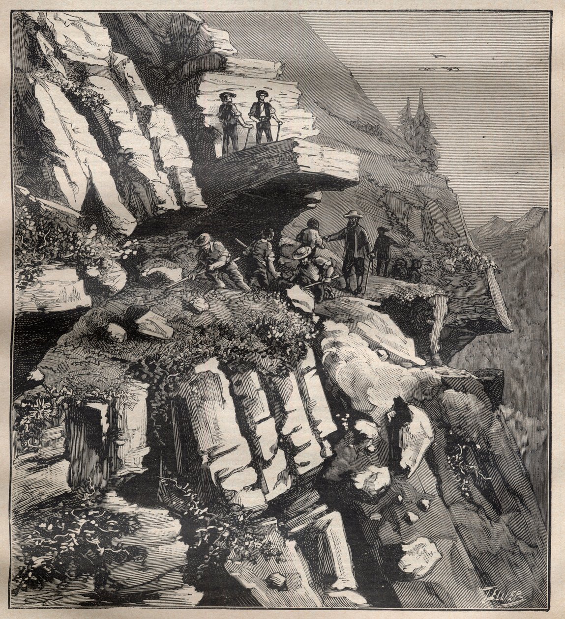 Construção de uma estrada de montanha nos Alpes - Gravura em "La Science francaise de Unknown artist