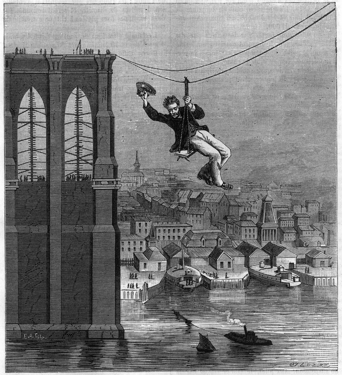 Construção da ponte do Brooklyn em Nova Iorque: Sr. Farrington, mecânico chefe de construção, passando de uma pilha para outra usando o primeiro arame esticado (25 de agosto de Unknown artist