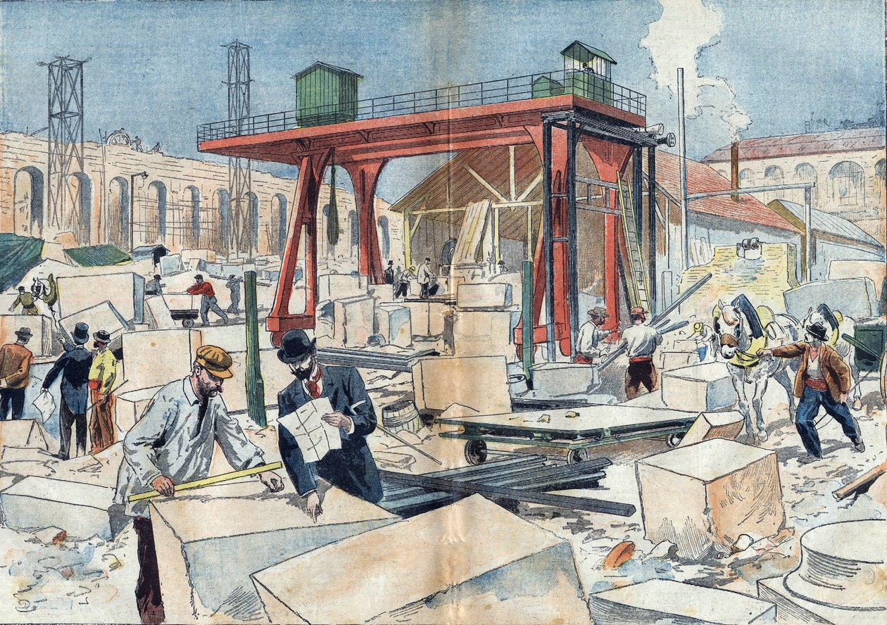 Construção do Grand Palais, em Paris, em 1898, por ocasião da Exposição Universal de 1900. No centro, o disco diamantado para cortar pedras cortadas. Ilustração em "Le Pelerin" de 3 de julho de Unknown artist