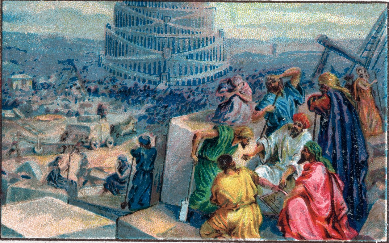 Construção da Torre de Babel. Cromolitografia do final do século XIX. de Unknown artist