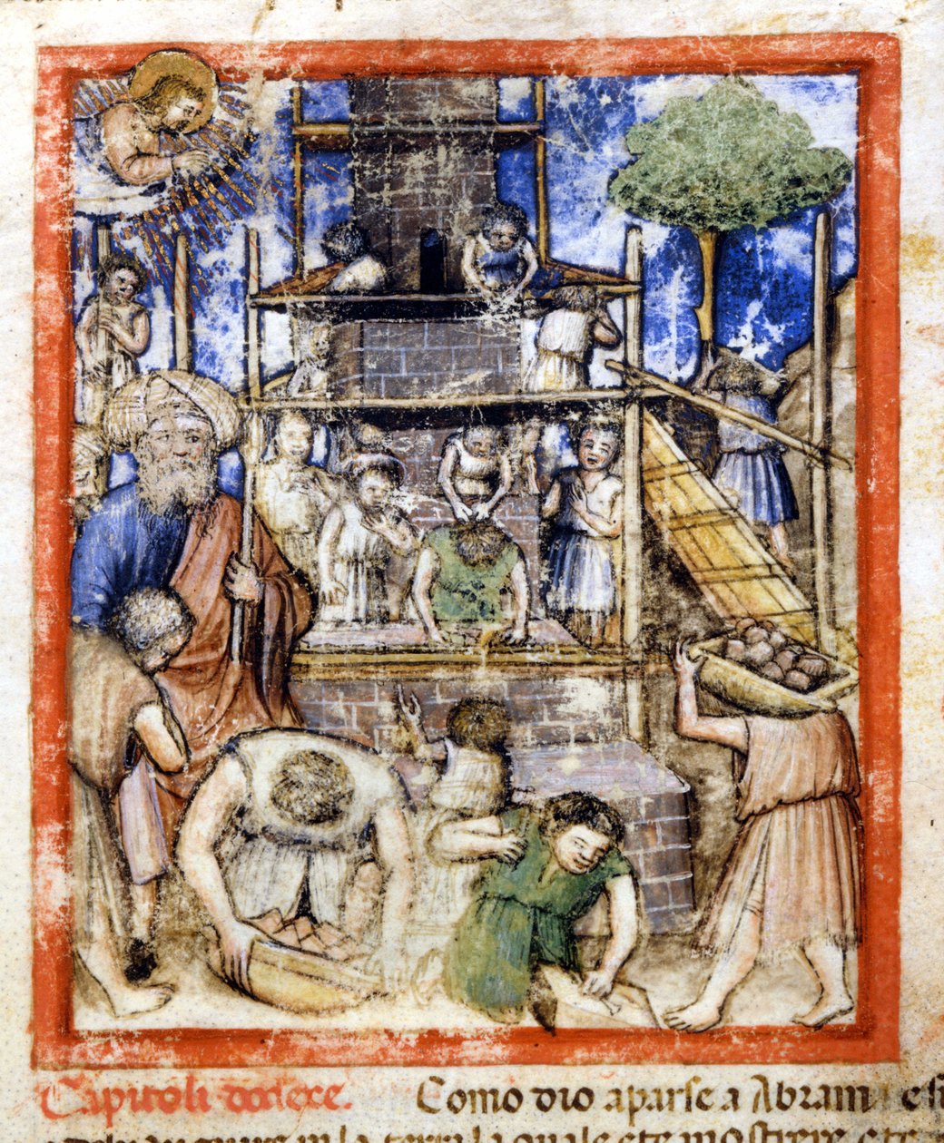 Construção da Torre de Babel. Miniatura do códice 212 (ou códice padovano ou Bíblia de Pádua) 1390-1400 Rovigo, Accademia dei Concordi de Unknown artist