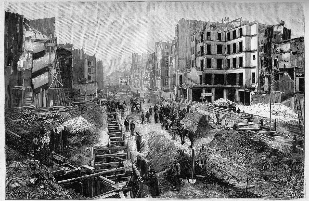 Construção na Rua Reaumur - Transformações de Paris sob o Segundo Império, Haussmann Paris (Boulevard, obras Haussmann) - Le Percement de la Rue Reaumur no 3º arrondissement de Paris de Unknown artist