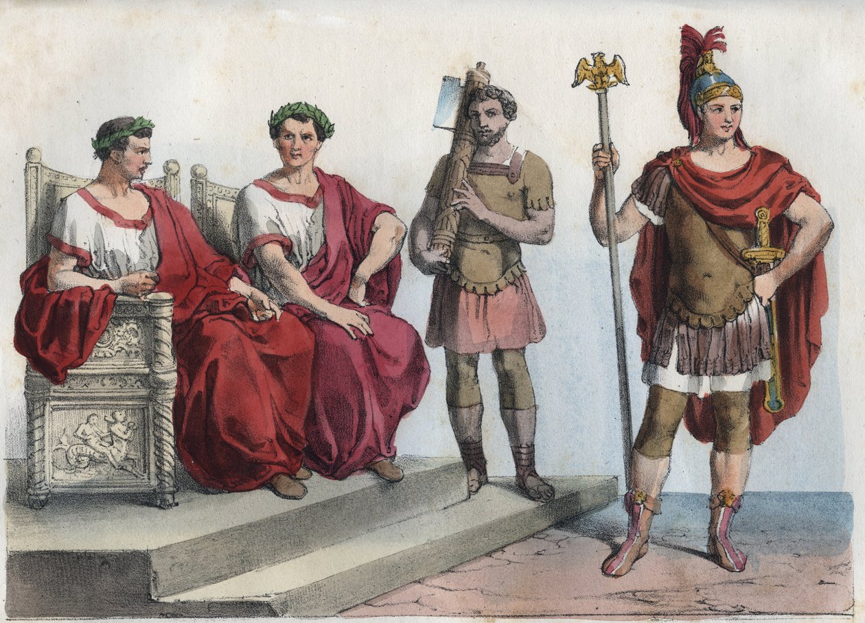 Consul e lictores na Roma antiga - gravura de "Usos e Costumes de Todos os Povos do Universo". Ou História do governo, leis, milícias, religião de todas as nações desde os tempos mais remotos até aos dias de hoje" 1856 de Unknown artist